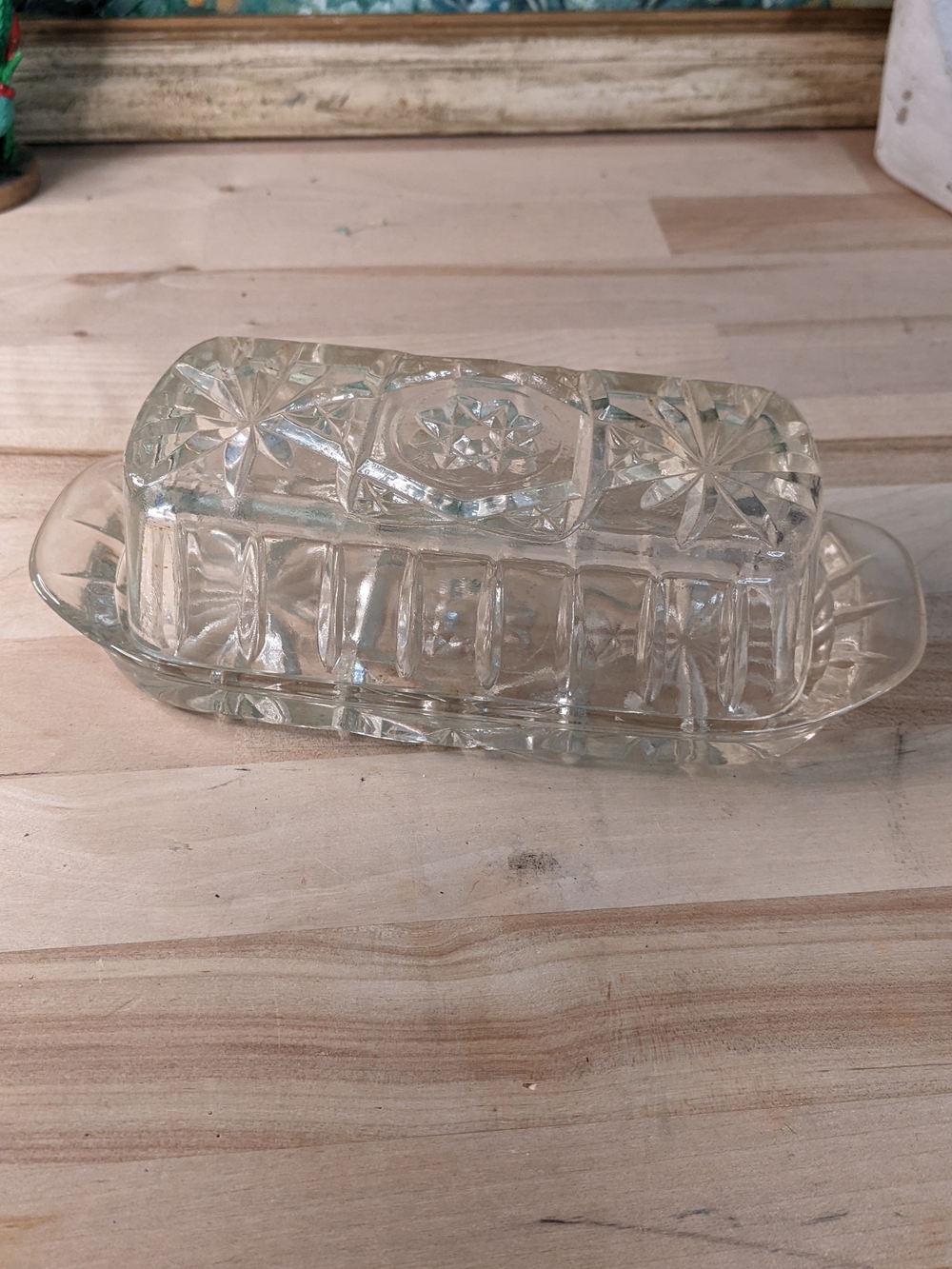 Pressed Glass Butter Dish - Clear Star Cut Pattern
